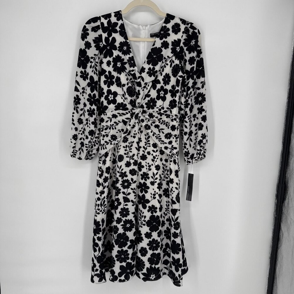 MAGGY LONDON Size 0 Black And White Floral Twist Front Midi Dress NWT - Picture 7 of 14